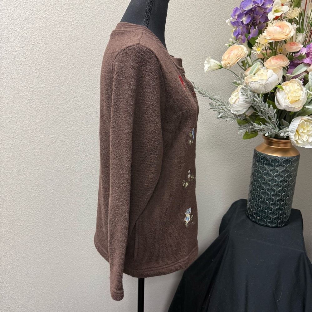 BonWorth Petite Brown Embroidered Bird Floral Button Cardigan Sweater M - Picture 5 of 7